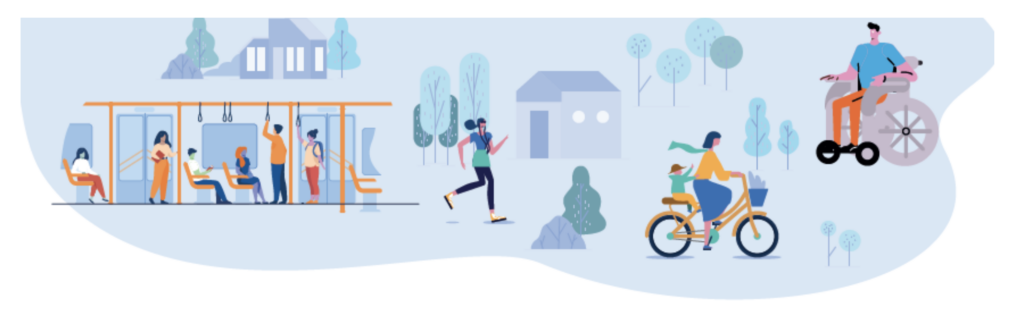 Das Bild zeigt eine bunte, minimalistische Illustration von Menschen in verschiedenen Verkehrssituationen in einer städtischen Umgebung. Links sieht man Personen, die in einem öffentlichen Verkehrsmittel sitzen oder stehen. In der Mitte läuft eine Person, während rechts eine Frau mit einem Kind auf dem Fahrrad fährt. Ganz rechts ist eine Person in einem Rollstuhl zu sehen. Im Hintergrund sind Bäume und vereinfachte Gebäude angedeutet. Die Szene vermittelt ein modernes, vielfältiges und inklusives Mobilitätsbild.