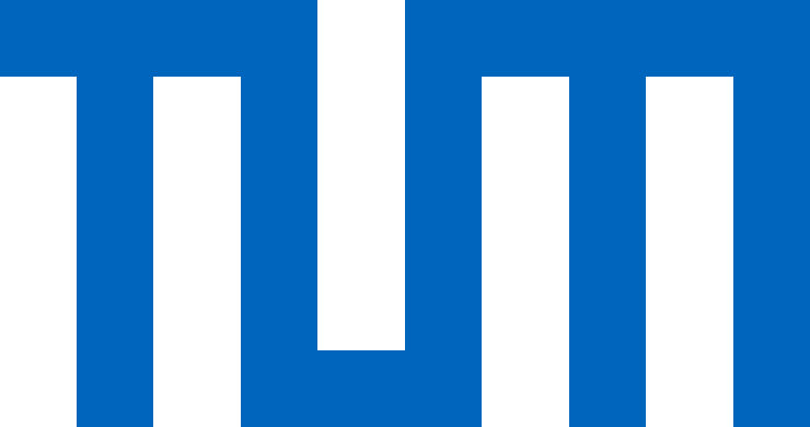 Das Logo zeigt die Buchstaben "TUM" in großen, blauen Großbuchstaben in einer klaren, modernen serifenlosen Schrift. Die Buchstaben sind sehr breit und dicht aneinander gereiht.