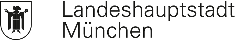 Schwarz-weißes Logo mit dem Schriftzug 'Landeshauptstadt München'. Links daneben befindet sich ein Wappen mit einem stilisierten Mönch, der ein Buch in der linken und zwei erhobene Finger an der rechten Hand zeigt.