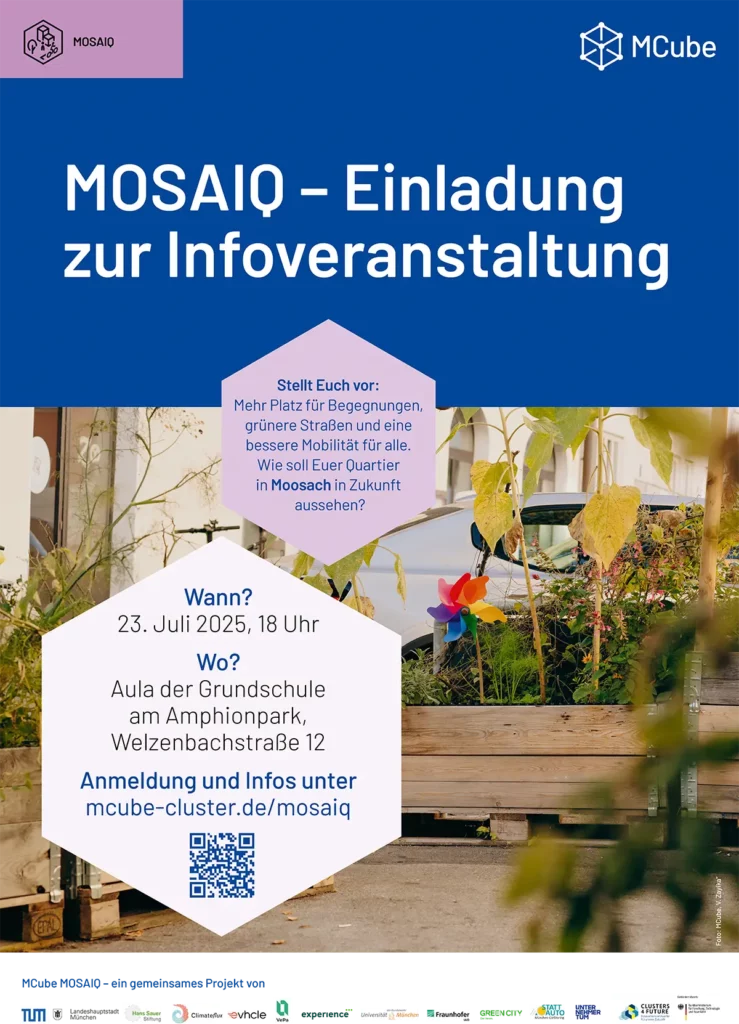 Werbeflyer für die Infoveranstaltung „MOSAIO“ des Projekts MCube. Der Flyer ist in den Farben Blau und Lila gestaltet und zeigt im Hintergrund einen urbanen Straßenbereich mit begrünten Hochbeeten und einem weißen Auto.