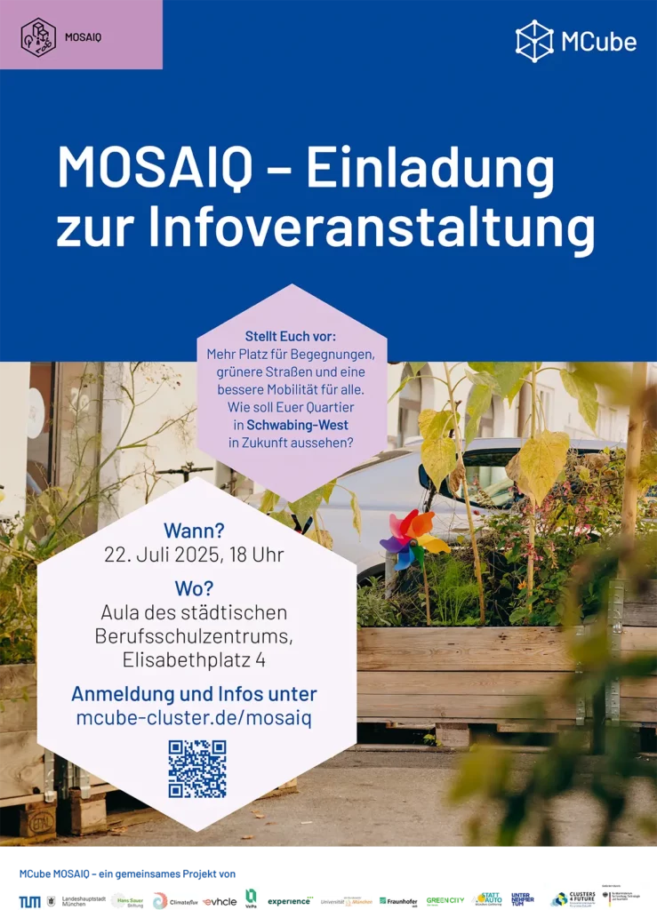 Werbeflyer für die Infoveranstaltung „MOSAIO“ des Projekts MCube. Der Flyer ist in den Farben Blau und Lila gestaltet und zeigt im Hintergrund einen urbanen Straßenbereich mit begrünten Hochbeeten und einem weißen Auto.